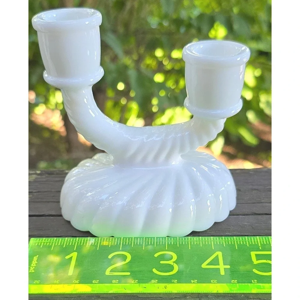 Fenton Vintage Milk Glass Double Candlestick Holder Swirl Ribbed Pattern Set